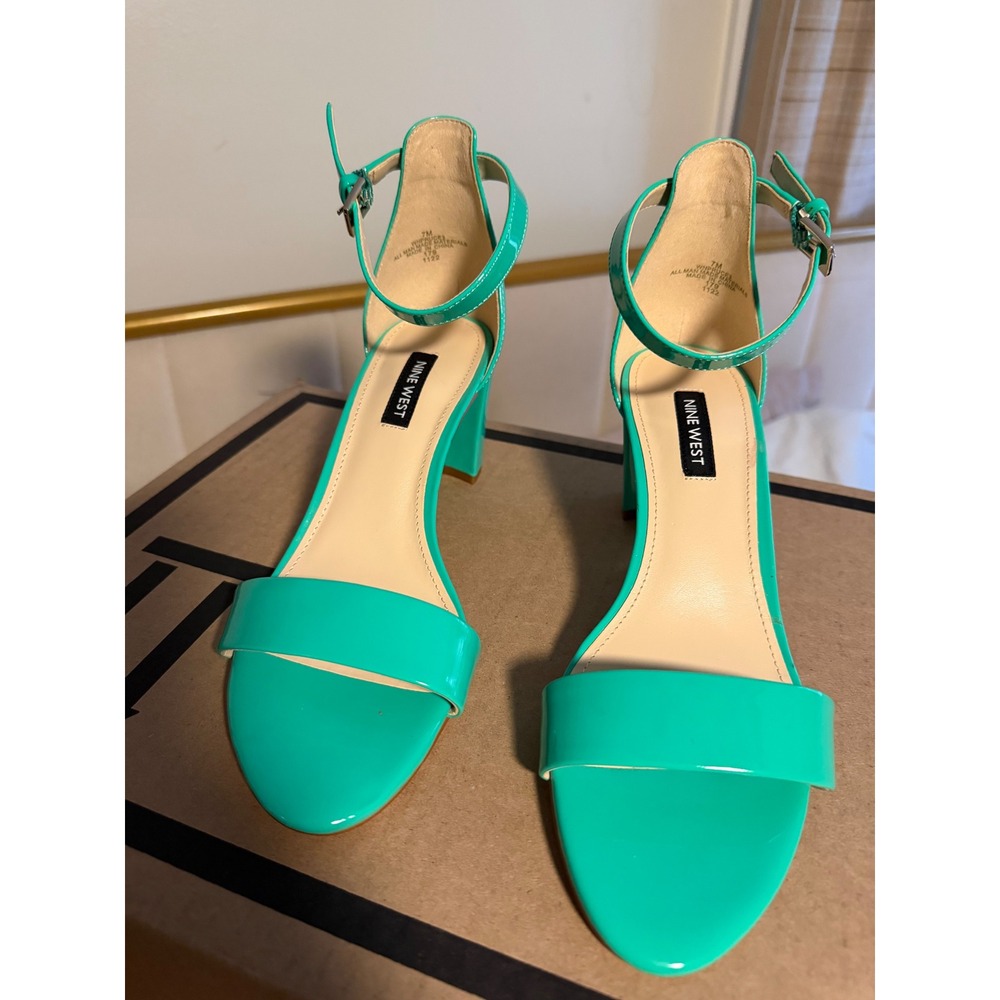 Nine West Pruce Turquoise Green Patent Block Heel Ankle Strap Sandals 7M